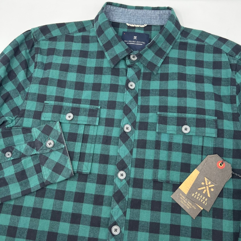 Roark Revival Mens Green Black Buffalo Plaid Cotton Flannel Shirt Size Large NWT